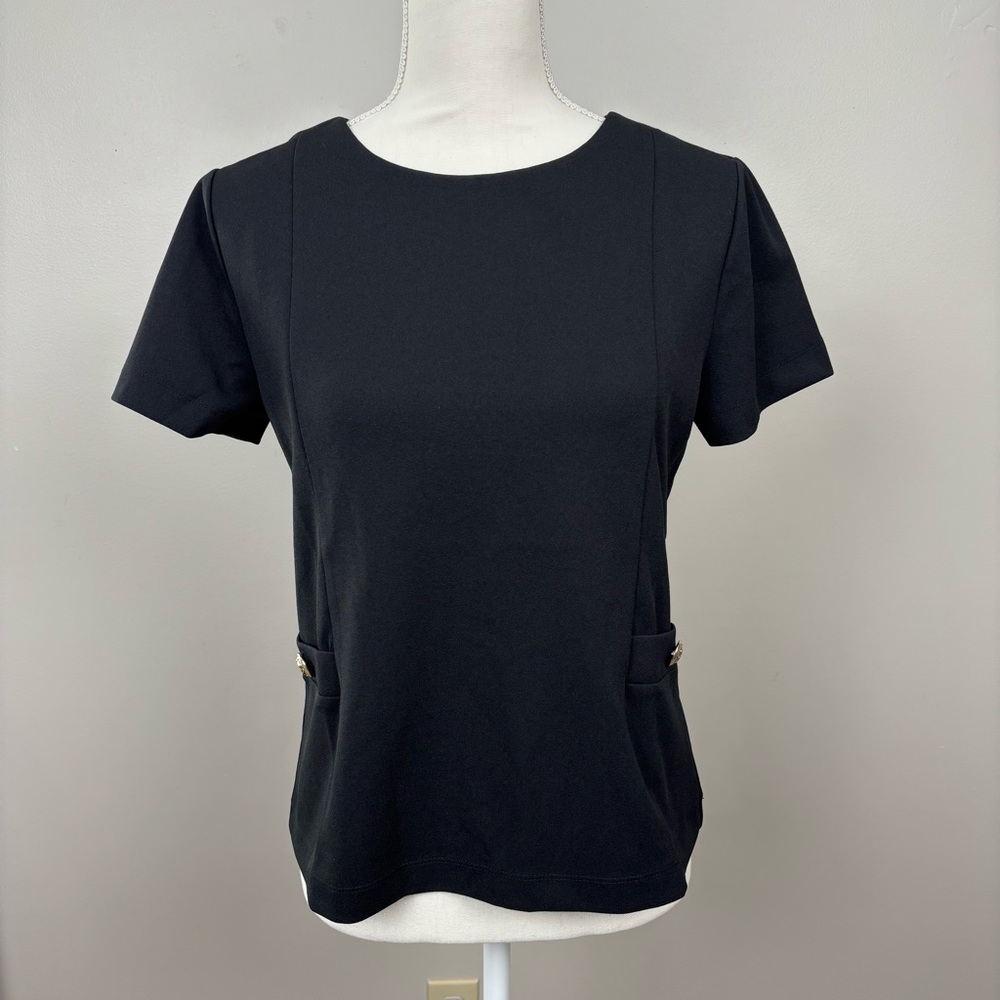 Ann Taylor Top Small Black Hidden Back Zipper‎ Round Neck Pockets Career Office